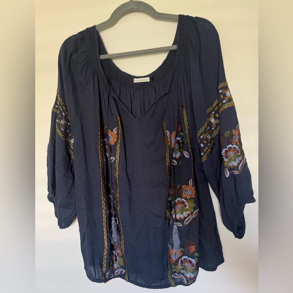 KAS NEW YORK Embroidered Navy Blouse XL